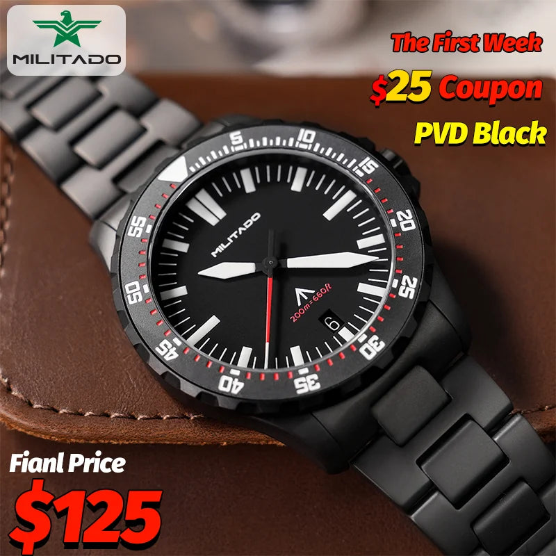 Militado Ml16 PVD Black Quartz Wrist Watches VH31/Ronda 515 39Mm Retro Watch Sapphire Luminous BGW9 200M Waterproof Dive Watch