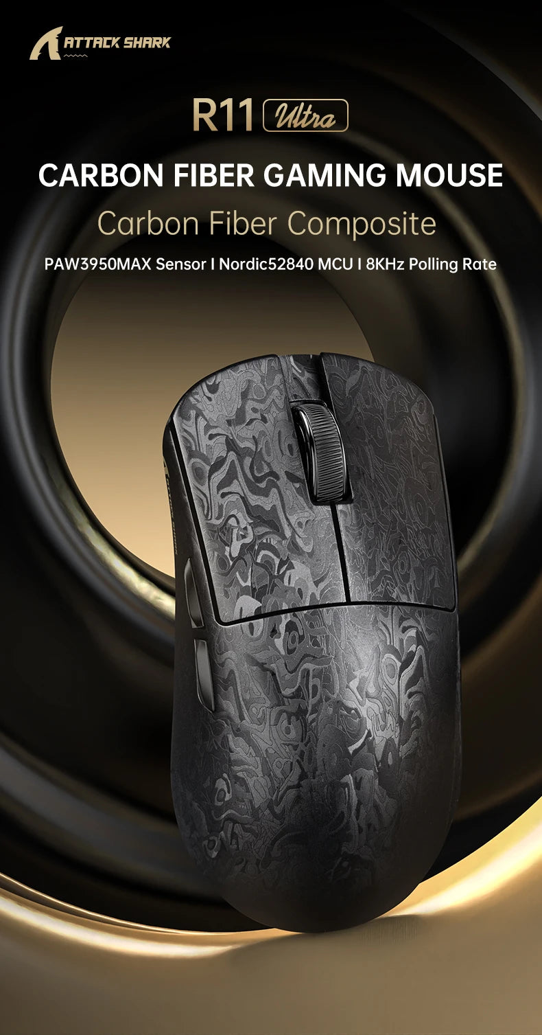 Attack Shark R11 Ultra 8K Carbon Fiber Gaming Mouse, PAW3950MAX, 49g Ultra-Lightweight, Wireless 8000Hz Polling,Tri-Mode