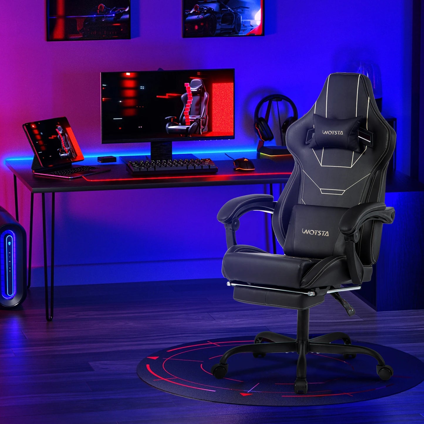 WOTSTA Ergonomic Gaming Chair with Footrest, Racing Computer Chair, Adjustable Height Office Chair with Armrests, Comfortable Leather Gaming Seat