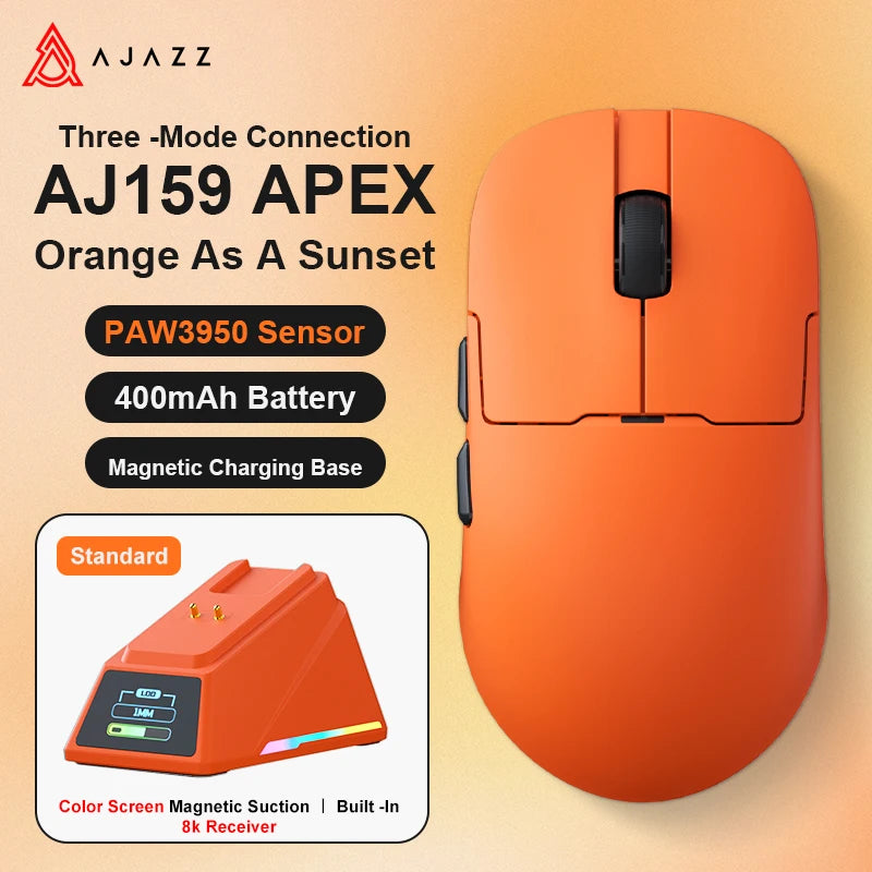 AJAZZ AJ159 APEX belaidė žaidimų pelė, lengva RGB žaidimų pelė su magnetine įkrovimo stovele, „Bluetooth“ ir 2.4GHz, iki 30,000 DPI, skirta stacionariems kompiuteriams ir nešiojamiesiems kompiuteriams