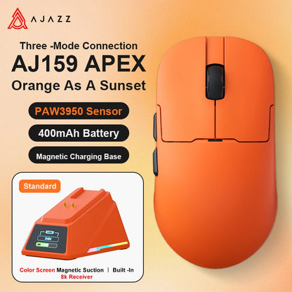 AJAZZ AJ159 APEX belaidė žaidimų pelė, lengva RGB žaidimų pelė su magnetine įkrovimo stovele, „Bluetooth“ ir 2.4GHz, iki 30,000 DPI, skirta stacionariems kompiuteriams ir nešiojamiesiems kompiuteriams