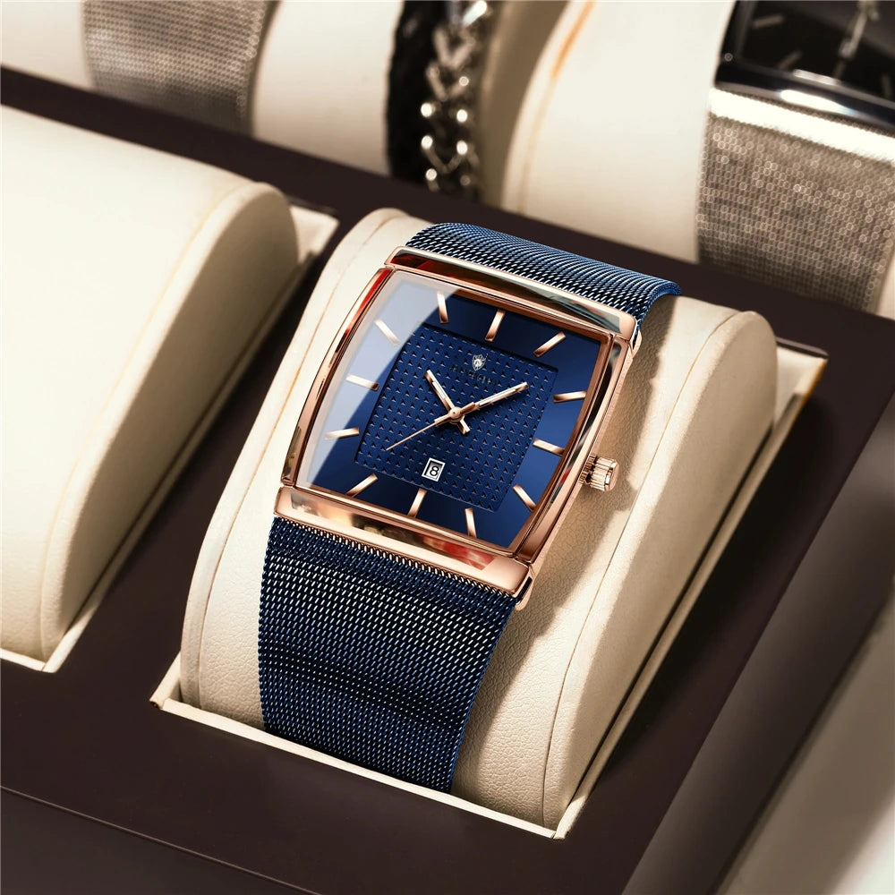 Montres-bracelets à quartz, nouvelles montres carrées pour hommes, couleur or rose, de haute qualité; montre de marque de luxe, modèle pour homme, cadran bleu.