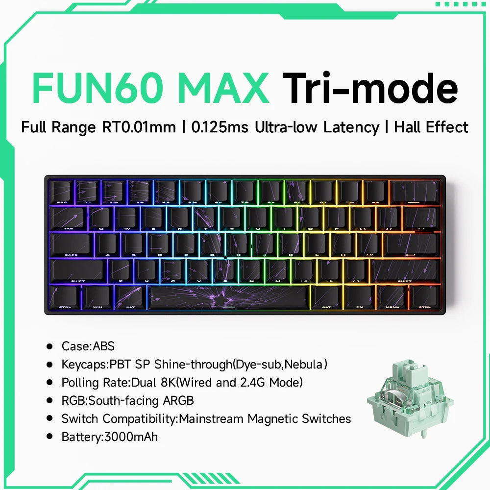 MONSGEEK FUN60 PRO&MAX HE Teclado mecânico 60% sem fios para gaming com switches magnéticos, Rapid Trigger 8K, ARGB e personalização
