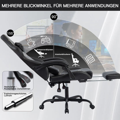 WOTSTA Ergonomic Gaming Chair with Footrest, Racing Computer Chair, Adjustable Height Office Chair with Armrests, Comfortable Leather Gaming Seat
