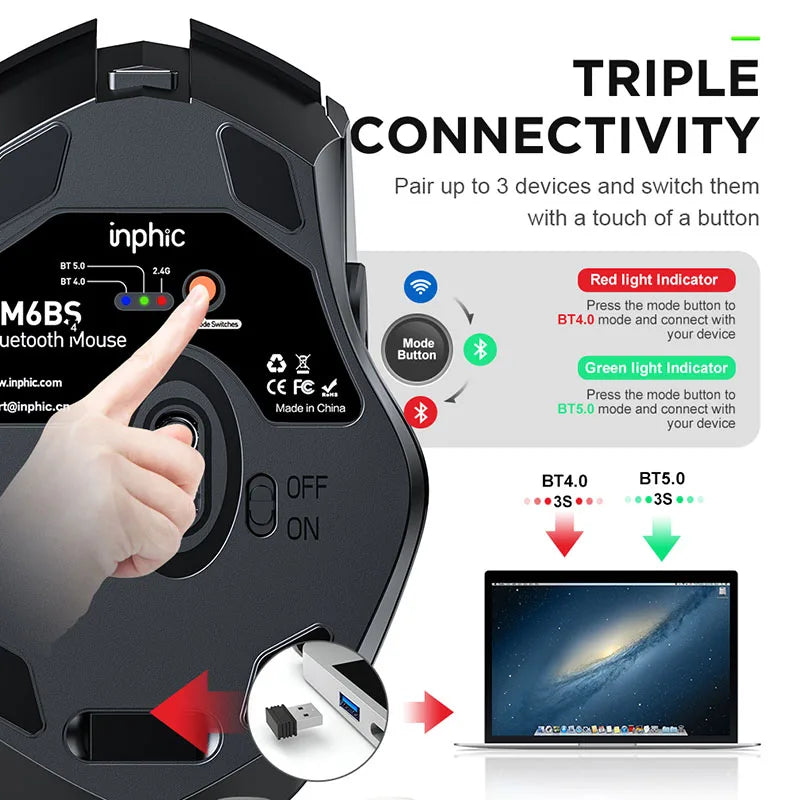 INPHIC PM6BS Wireless Mouse, Tri-Mode Bluetooth 5.0 Ergonomic Rechargeable Mouse with 6 Buttons for Laptop, Mac & PC