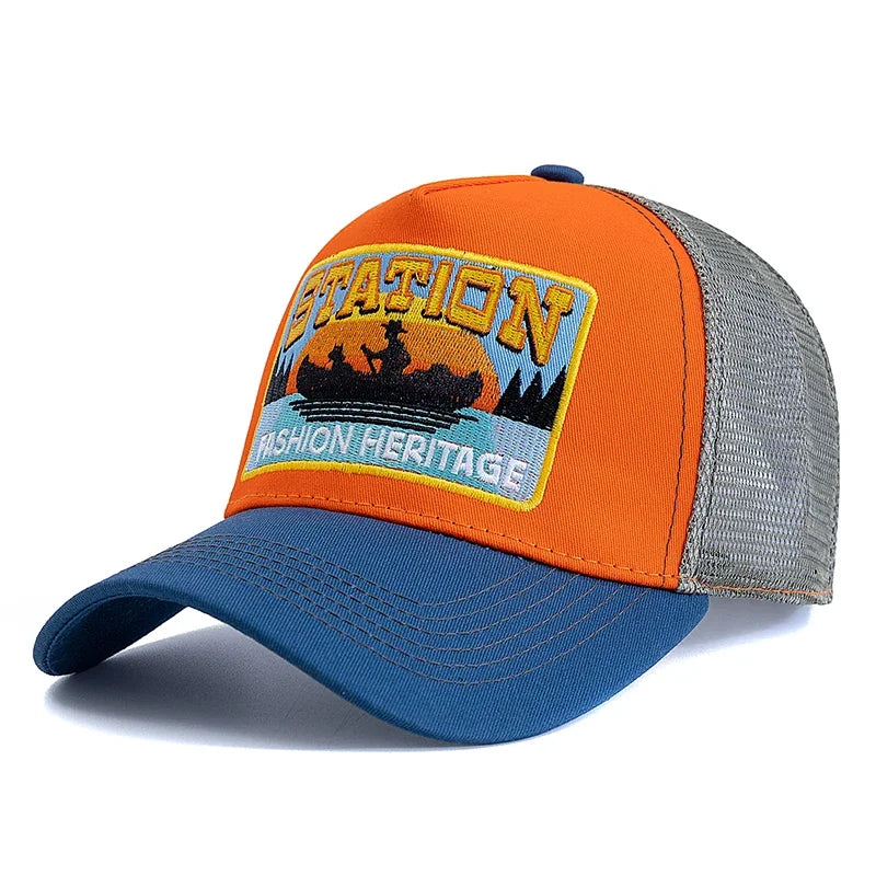 Șapcă de pescuit de vară, din plasă respirabilă, tip „trucker”, pentru bărbați și femei, cu design brodat în stil pescăresc, șapcă „snapback”, pentru pescuit în aer liber