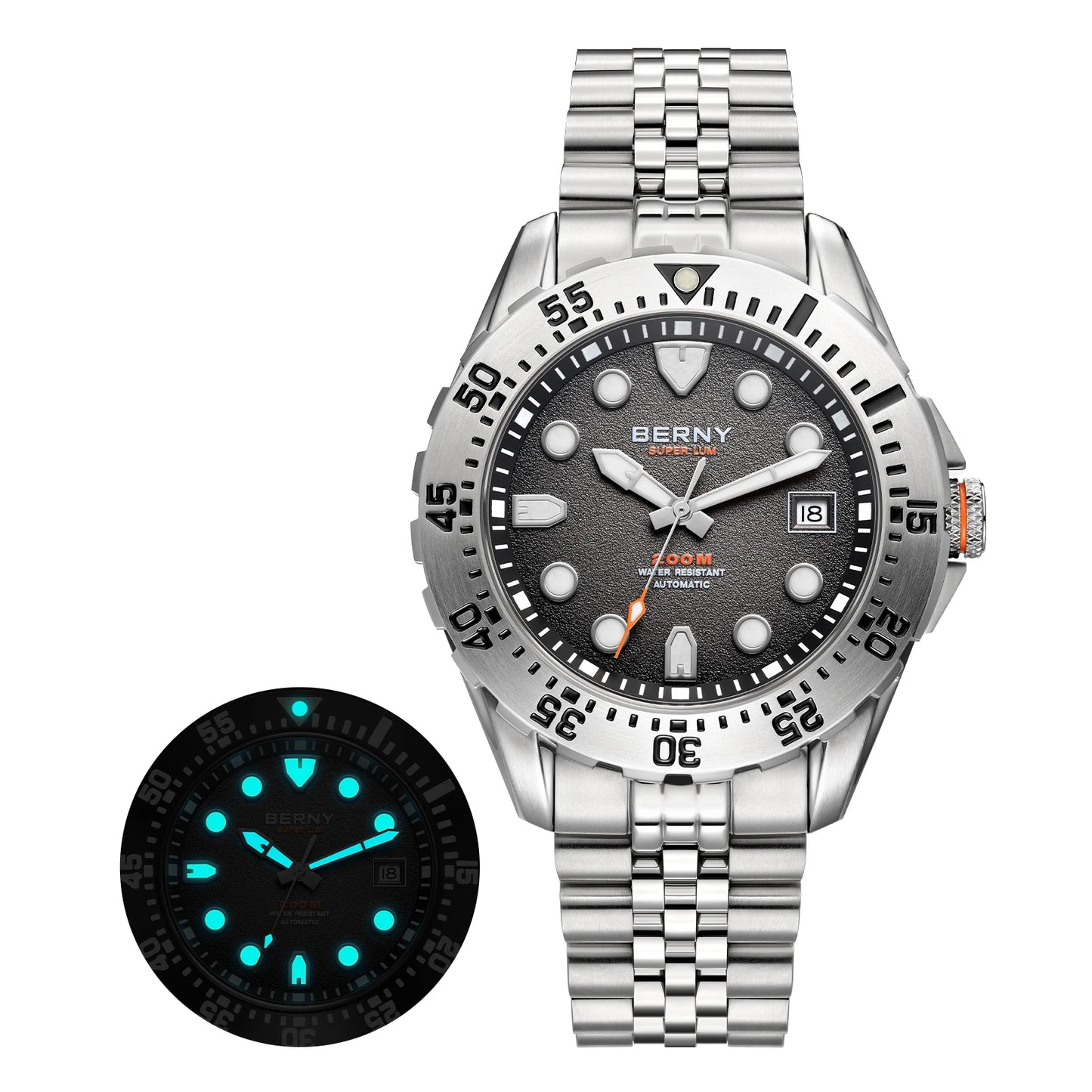 BERNY Men's Automatic Diver Watch Supper Luminous Sapphire AR Coated MIYOTA 8215 316LStainless Steel Single Crown Diving Watches