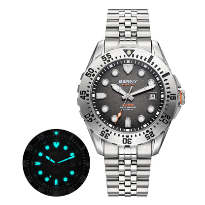 BERNY Men's Automatic Diver Watch Supper Luminous Sapphire AR Coated MIYOTA 8215 316LStainless Steel Single Crown Diving Watches