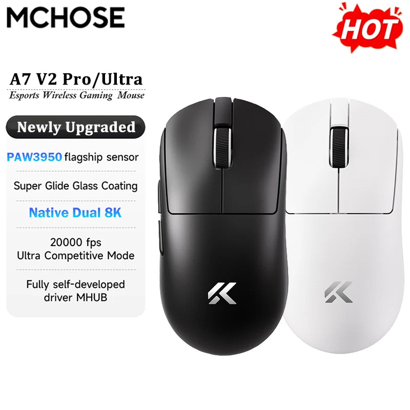 MCHOSE A7 V2 Ultra / Pro könnyű vezeték nélküli gamer egér, dupla 8000Hz, PAW3950 TI, 42000DPI – PC-s e-sport játékosoknak