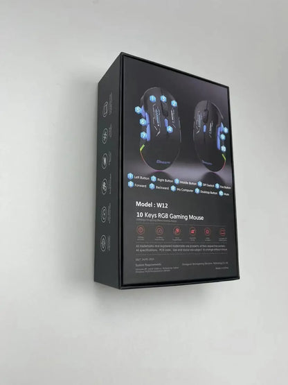 Mouse gaming macro MKESPN W12 a 10 pulsanti, ambidestro, wireless Bluetooth multi-canale tri-mode, grande RGB ergonomico