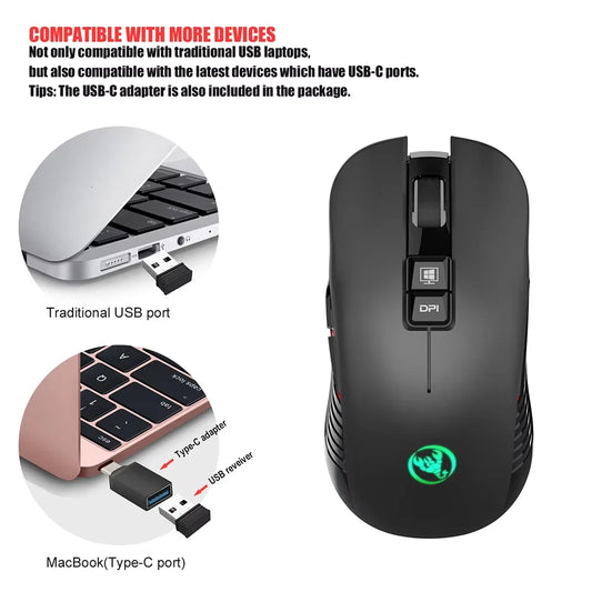 Mouse wireless USB ricaricabile per destrorsi, mouse Type-C per laptop e computer, clic silenzioso, retroilluminato, gaming, 3600cpi