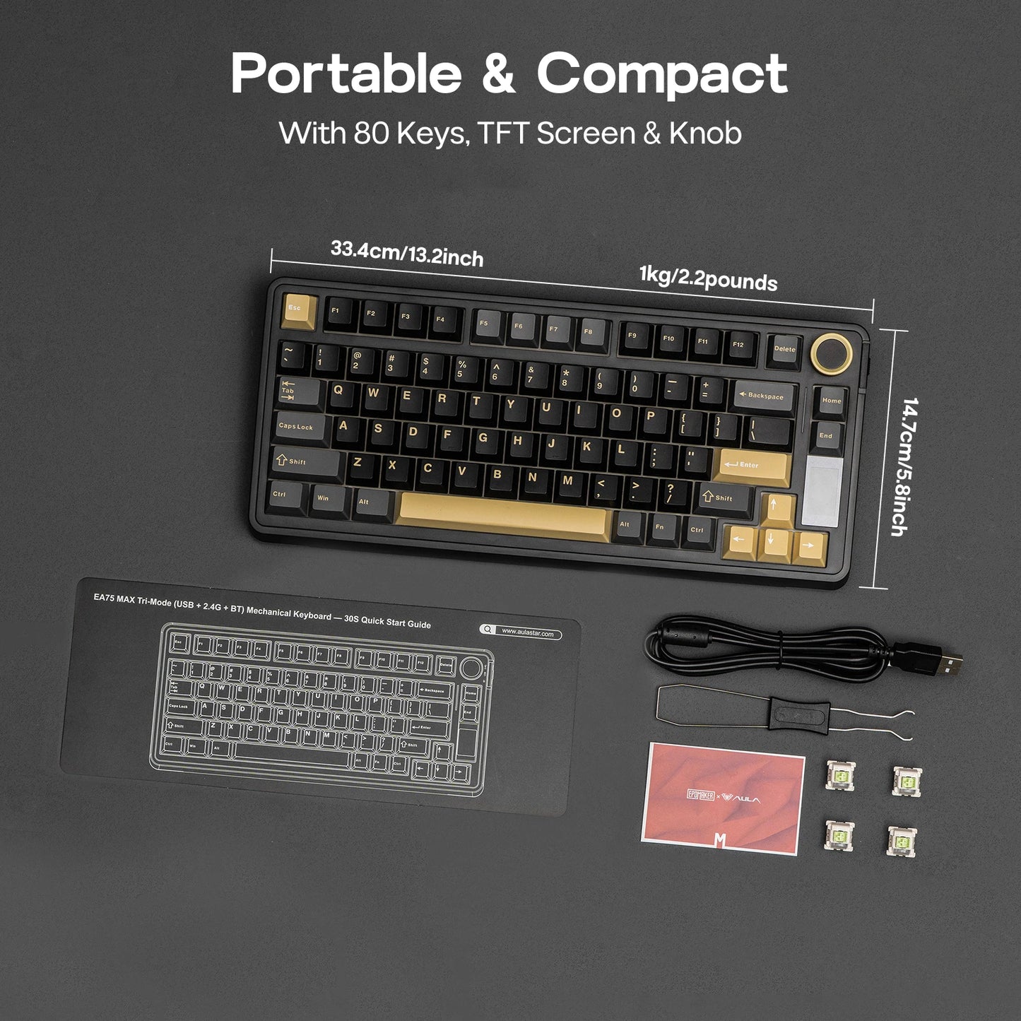 Teclado Mecânico Sem Fios EPOMAKER X AULA EA75 MAX 75% Layout ANSI US Hot-Swap Gasket com Fios/BT/2.4GHz com Ecrã e Botão Rotativo