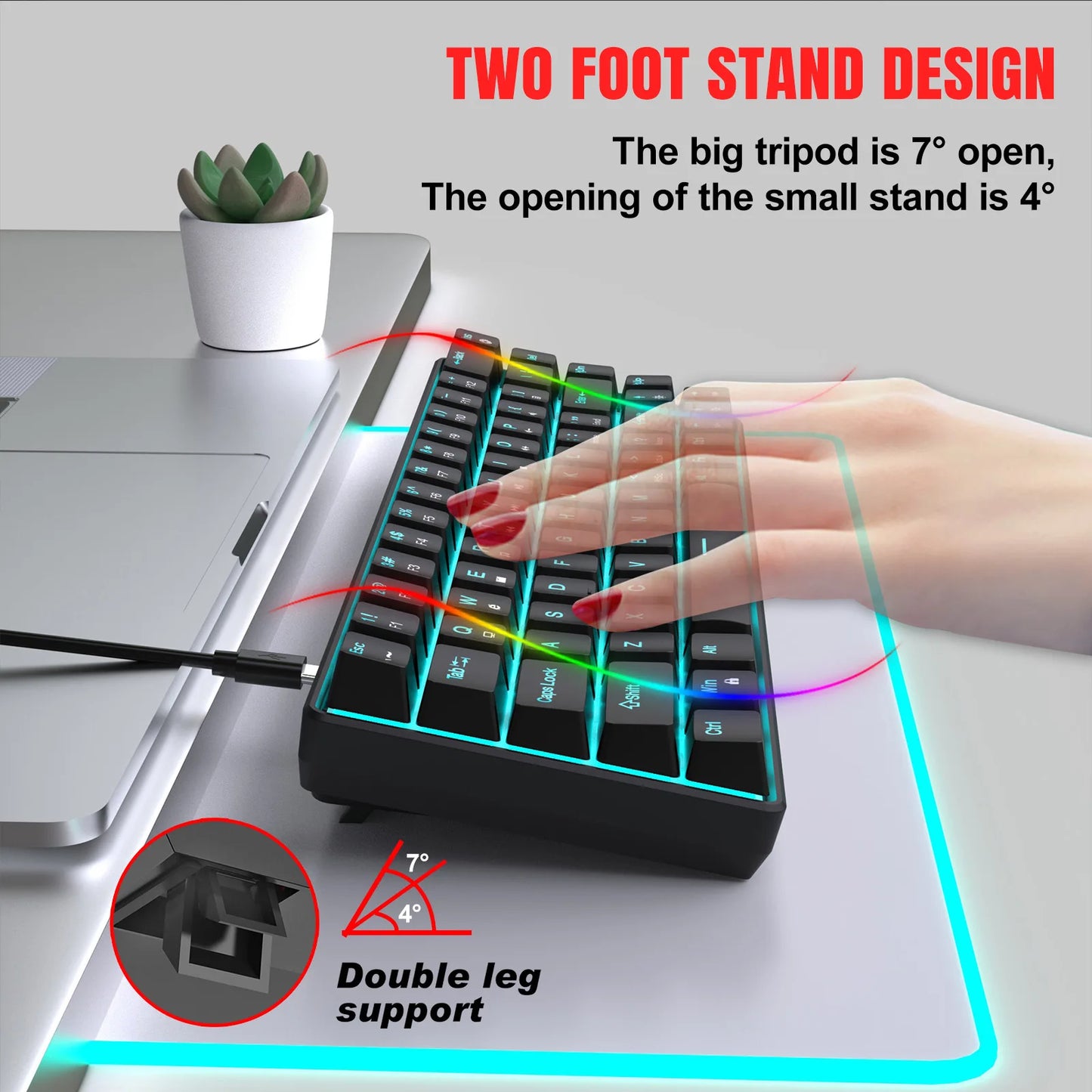 Teclado mecânico gaming 60% USB com teclas brancas, mini teclado gamer ergonómico para computador, retroiluminado, música, teclado para PC