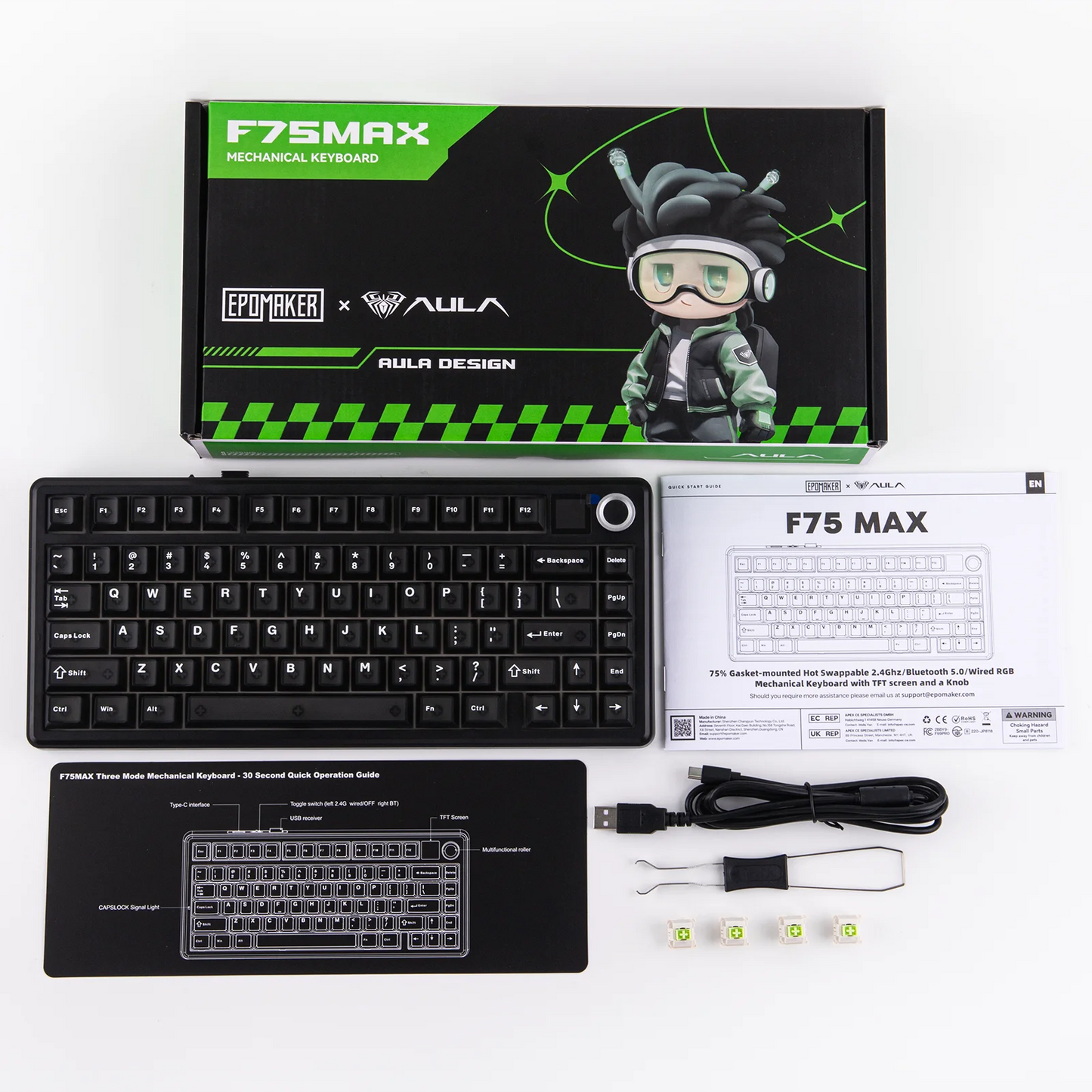 Teclado mecânico sem fios EPOMAKER X AULA F75 MAX Compact 75% ANSI Layout com ligação com fios/Bluetooth/2.4GHz, ecrã TFT e botão rotativo