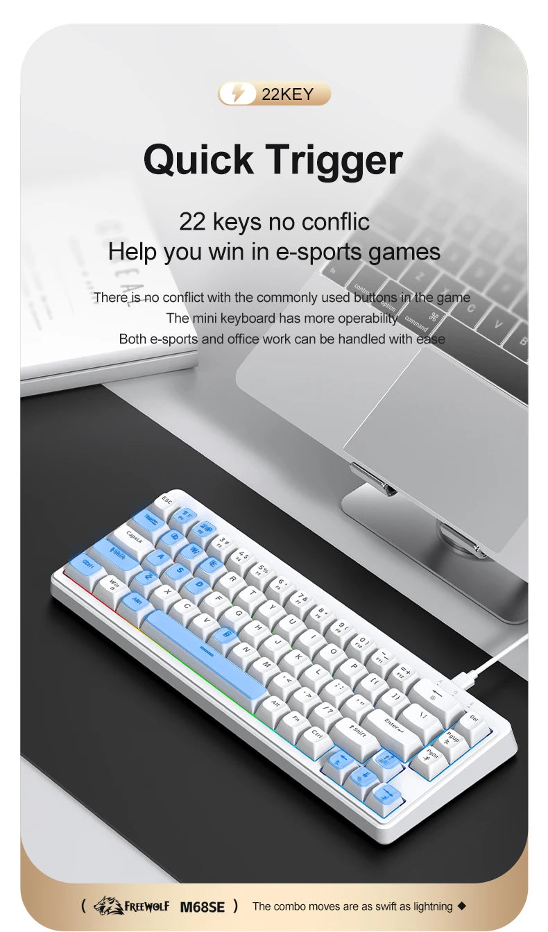 Teclado FREEWOLF M68SE com sensação mecânica, 68 teclas, mini teclado compacto com fios, silencioso, para portáteis, gaming e utilização em escritório