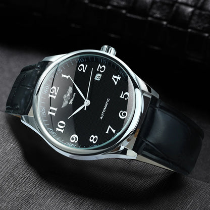 WINNER férfi karóra – Klasszikus, retro és elegáns stílus – Automatikus mechanikus karóra naptárral – Luxusmárka, acél tok és bőr szíj