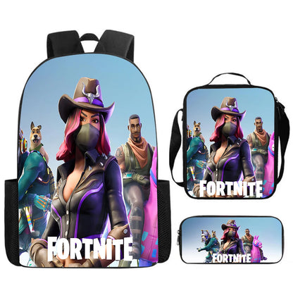 Fortnite Cartoon 3pcs Set, Large Capacity Suitable for Boys and Girls Aged 5-8, Includes Backpack, Dinner Bag, and  Pencil Case