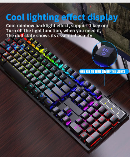 Conjunto de teclado com fios de 104 teclas com retroiluminação RGB e efeito de respiração, teclado gaming ergonómico e rato para computador, portátil, gamer e escritório