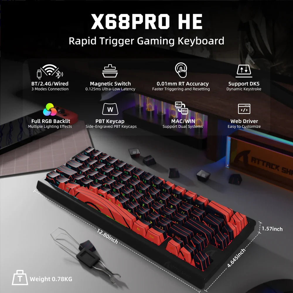 Teclado Gaming ATTACK SHARK X68PRO HE sem fios com Rapid Trigger, atuação ajustável, Hot-Swap, retroiluminação RGB, BT/2.4GHz/com fios