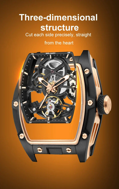 MEGIR Fashion Leisure Alloy Case Men Mechanical Watch Silicone Band Barrel Shaped Dial Luminous Pointer Design Man Wristwatch