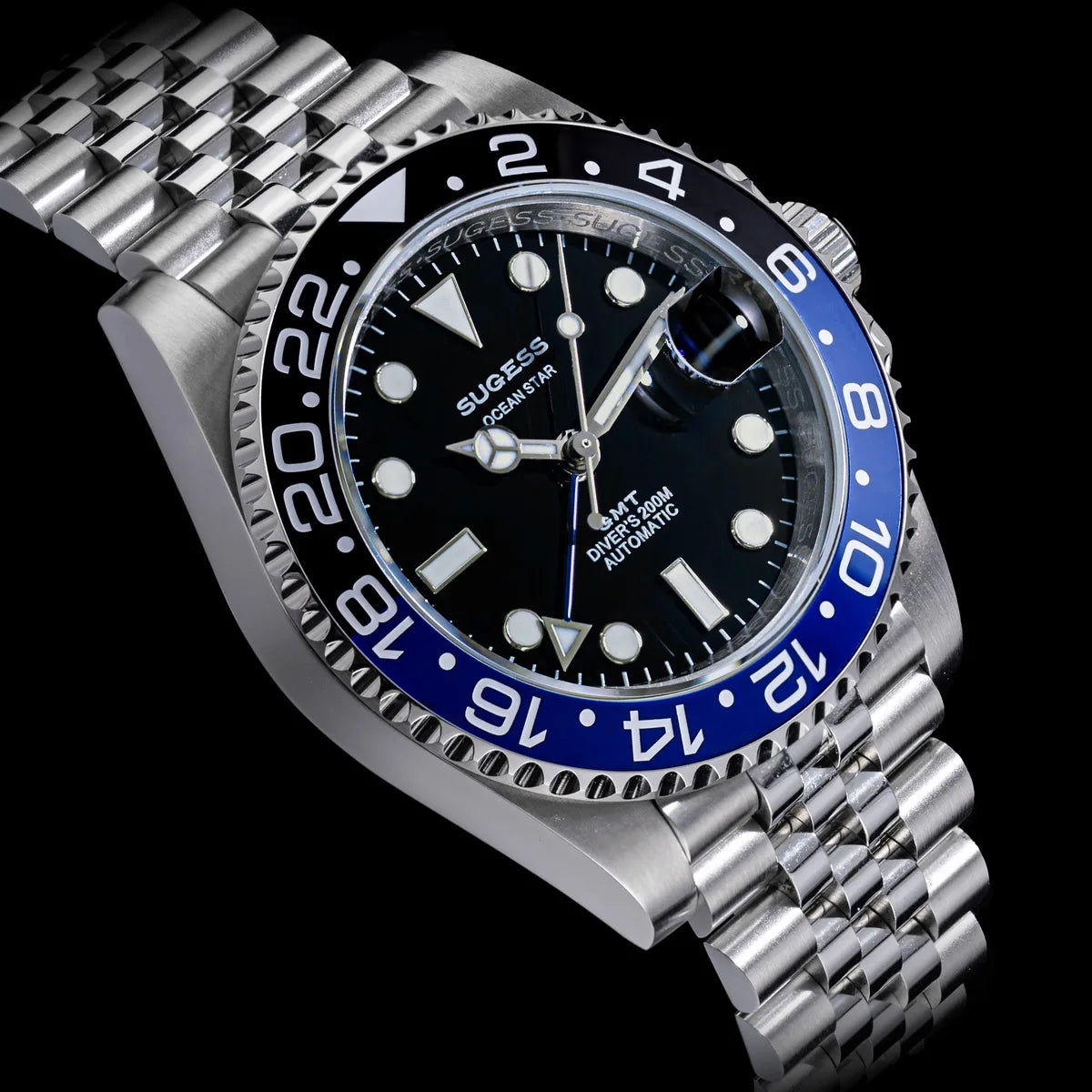 Sugess GMT Diving Watch of Men Automatic Mechanical Waterproof Wristwatches Peacock SL3032 Movement Ceramic Bezel Jubille Band