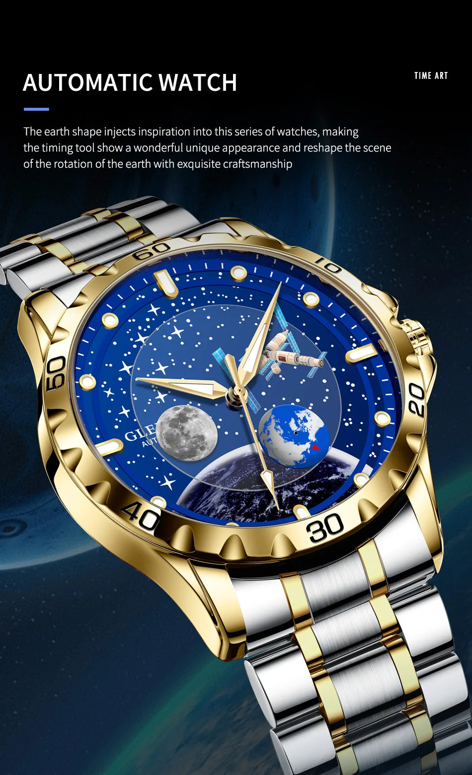 Glenaw Top Luxury Moon Rotation Stylish Personalized Fully Automatic Mechanical Men's Luminous Waterproof Watch