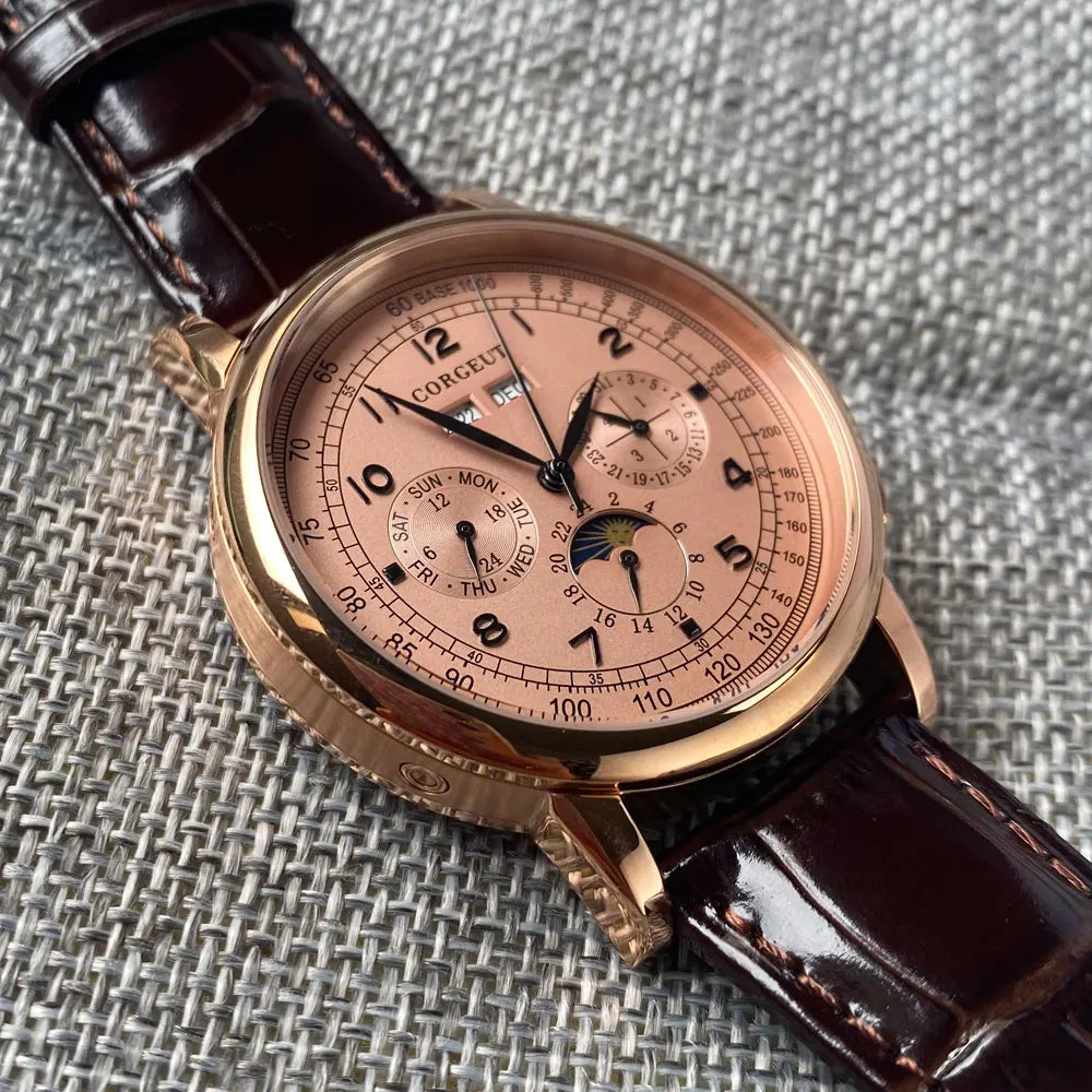 Orologio automatico da uomo Multification con data, giorno, mese e anno, orologio meccanico da uomo in 316L, cassa lucidata, indicatore giorno/notte, 42mm
