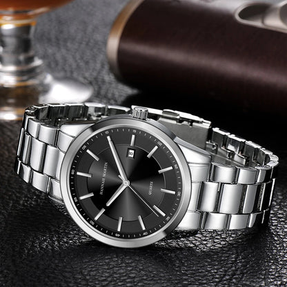 „HANNAH MARTIN“ kvarcinis laikrodis, 40 mm, vyrams, juodos spalvos nerūdijančio plieno apyrankė, atsparus vandeniui iki 3 barų, sportiško-elegantiško stiliaus