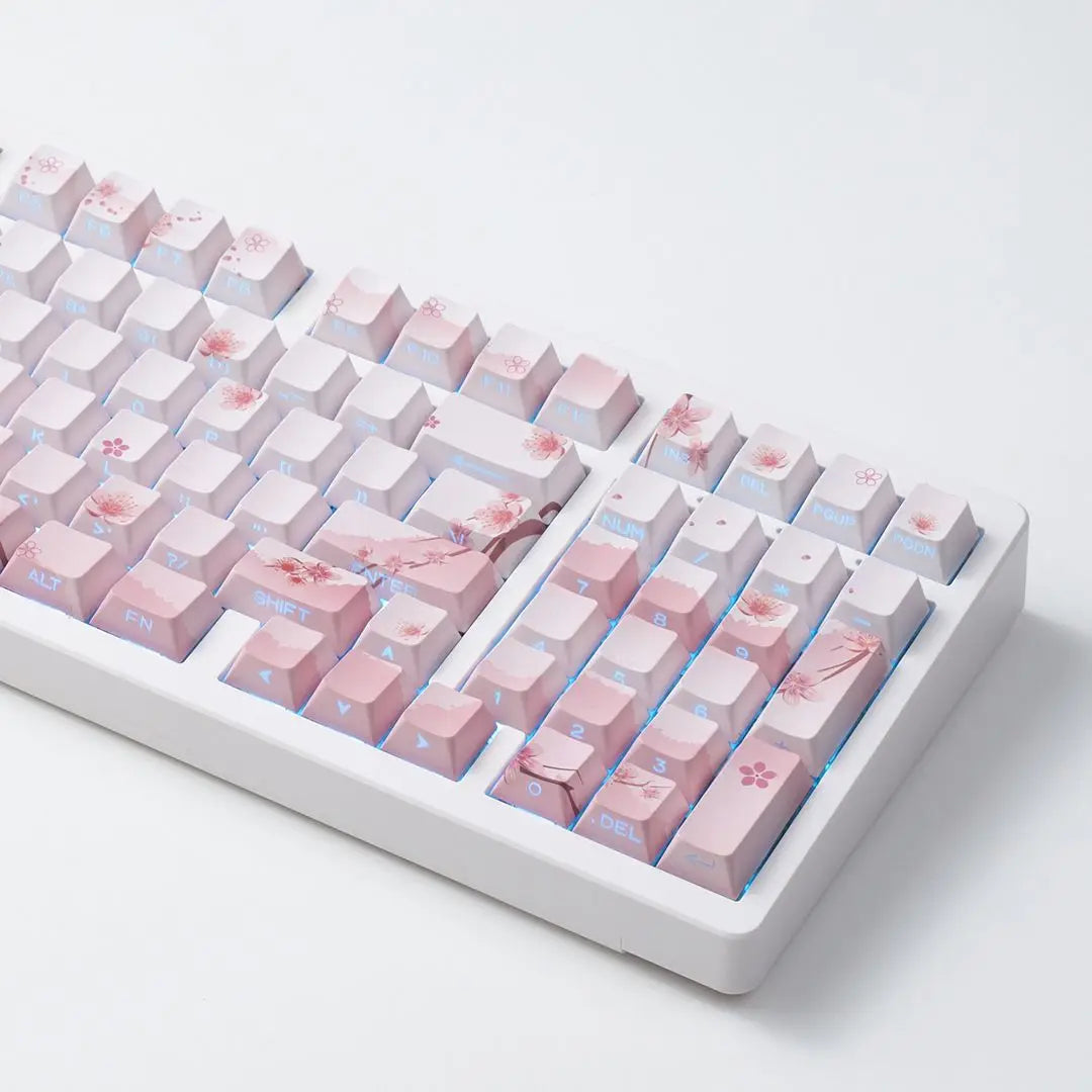 Conjunto de Keycaps Sakura Pink com Gravação Lateral em PBT Translúcido, 127 Teclas para Teclados Mecânicos MX Switch 60/84/90/104/108
