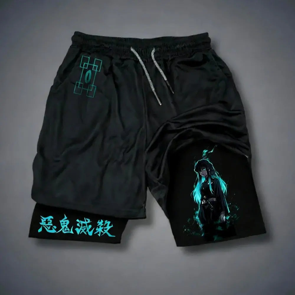 Anime Demon Slayer Gym Shorts Man Quick Dry Pants Double-layer 2 in 1 Shorts Y2k Sportswear Summer 2026 Breathable Streetwear