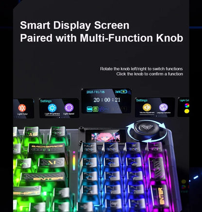 AULA F98Pro V3 Mechanical Keyboard W/ Rotate Button RGB Backlight Screen Tri-Modes Game E-sports Special Carved 95 Keycaps