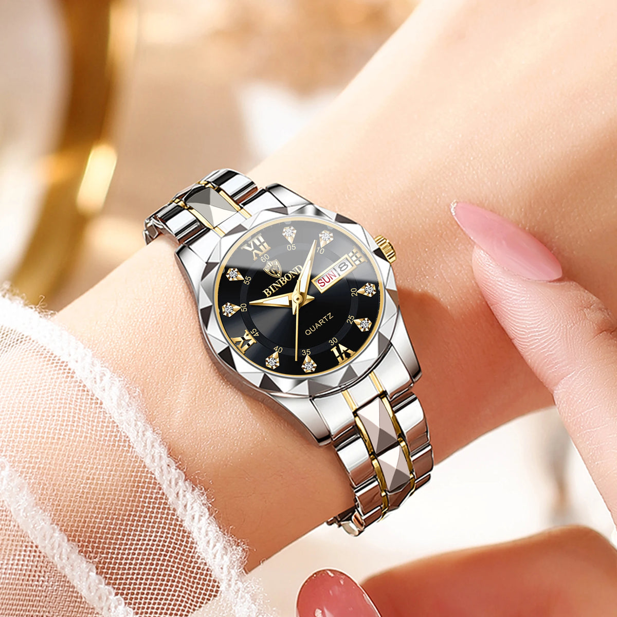 Montre pour femme BINBOND : montre à quartz robuste, luxueuse, luminescente et étanche, dotée d'un affichage précis de la date et du jour de la semaine.