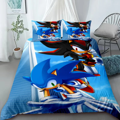 Cartoon Duvet Cover Set , Washable Cotton Bedding – S-Sonic-S the H-Hedgehog Movie Theme Student Bedroom Decor for All Seasons