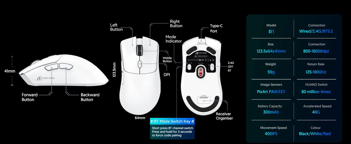 ATTACK SHARK R1 Tri-Mode Gaming Mouse, 18,000 DPI PixArt PAW3311 Wireless Gaming Mouse, 59g Ultralight Gaming Mouse for PC, Mac & Laptop