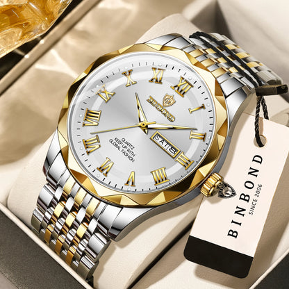 Reloj de pulsera de lujo de cuarzo BINBOND Original Brand para hombre, luminiscente, resistente al agua, con fecha automática, indicación del día de la semana y estilo informal.