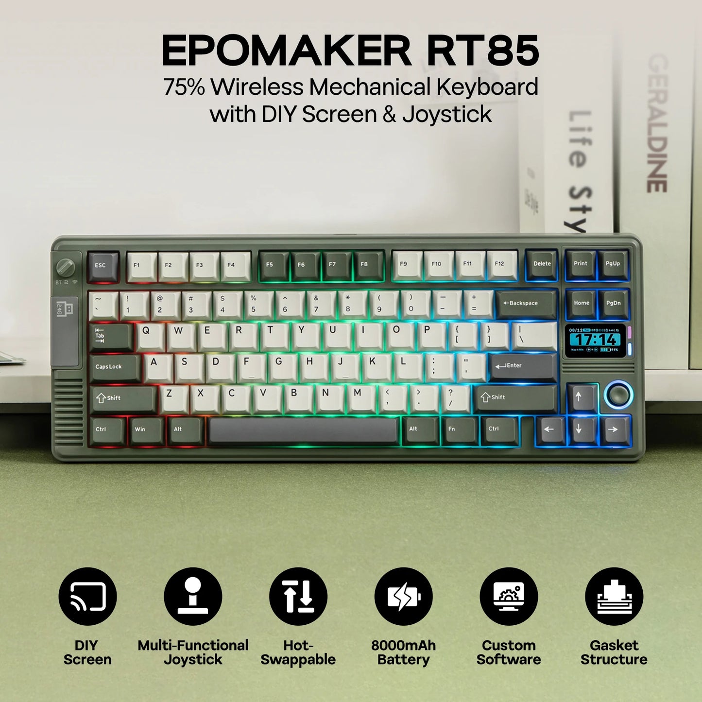 EPOMAKER RT85 75% ANSI US Layout Creamy Gasket Wired/BT/2.4Ghz Wireless Mechanical Keyboard with Joystick & DIY Screen 8000mAh