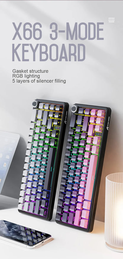 Teclado mecânico sem fios Attack Shark X66, layout compacto 65%, retroiluminação RGB, gasket, hot swap, Bluetooth, USB-C, PBT, bateria de grande capacidade