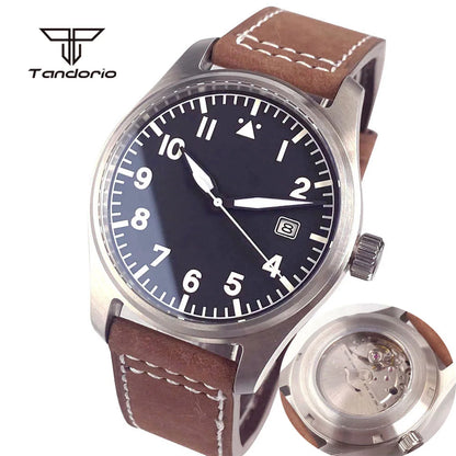 Tandorio 39mm Pilot Men's Diving Automatic Watch AR Sapphire Miyota8215/PT5000 Movt Mechanical Steel Wristwatch 20BAR Green Lume