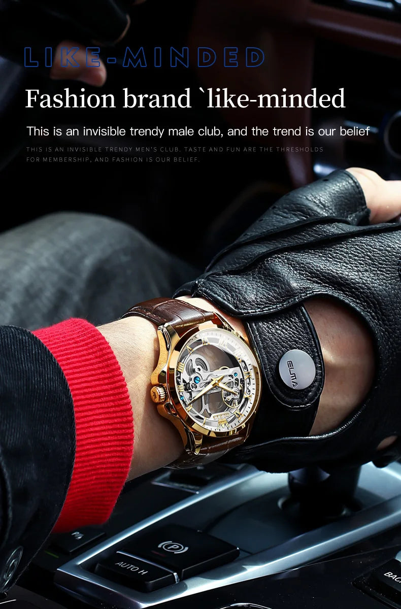OLEVS Skeleton Automatic Mechanical Watch Men Leather Strap Luminous Waterproof Luxury Business Wristwatch For Man 6661