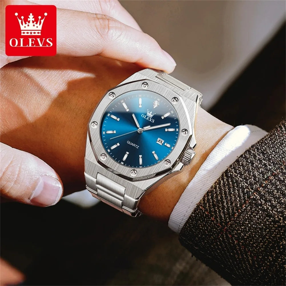 OLEVS Watches For Men Luxury Silver Blue Classic Quartz Watch for Man Waterproof Stainless Steel Luminous Reloj Hombre 2025