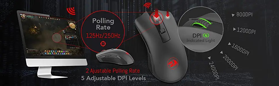 Mouse wireless ottico Redragon M652 2.4G con ricevitore USB, mouse portatile per gaming e ufficio, 5 livelli DPI regolabili