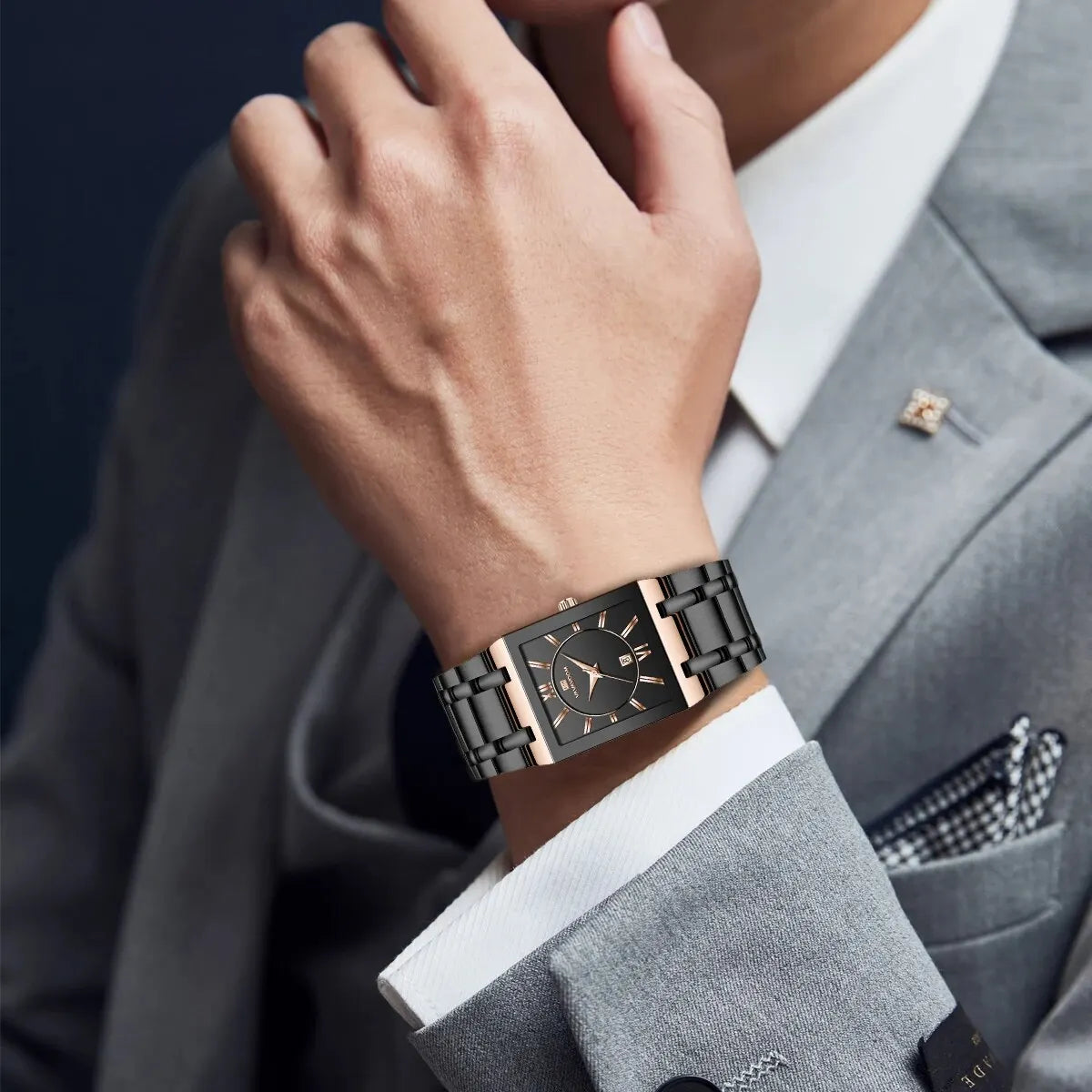 Men Business Watch Simple Design Luxury Fashion Rectangular Black Gold Stainless Steel Calendar Waterproof Quartz Men's Watches