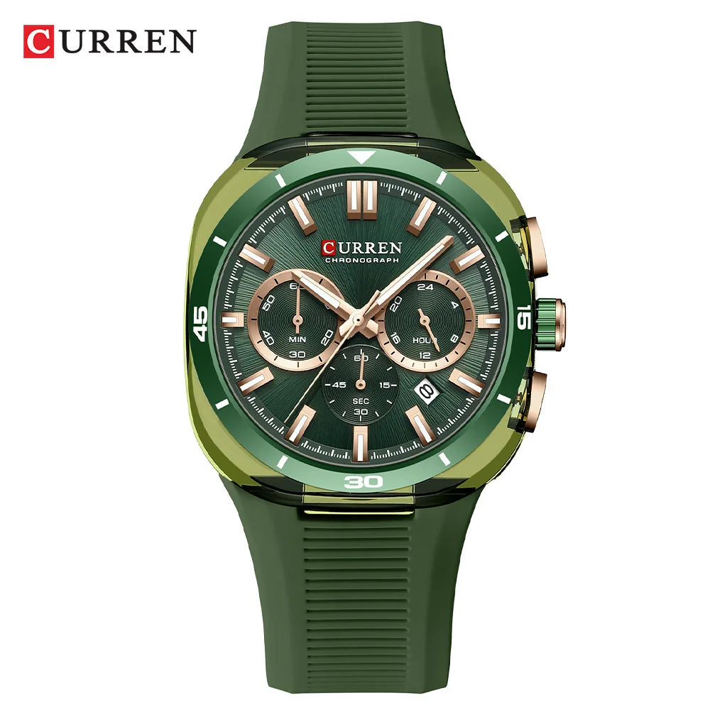 CURREN herenhorloge – Nieuw luxe quartzmodel, siliconen band, sportieve stijl, multifunctioneel, waterdicht, verlicht, met datumweergave en chronograaf.