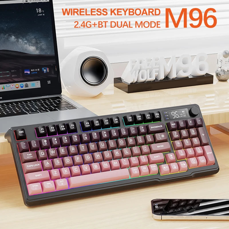 Teclado Bluetooth Sem Fios M96 FREEWOLF com Ecrã Gaming, Ecrã Eletrónico, Ligação a Vários Dispositivos, Ergonomia Gaming