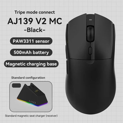AJAZZ AJ139 V2 MC/AJ139 PRO belaidė žaidimų pelė su PAW3311/PAW3395 jutikliu, 12000DPI/26000DPI, 500mAh „Bluetooth“ pelė žaidėjams, skirta PC