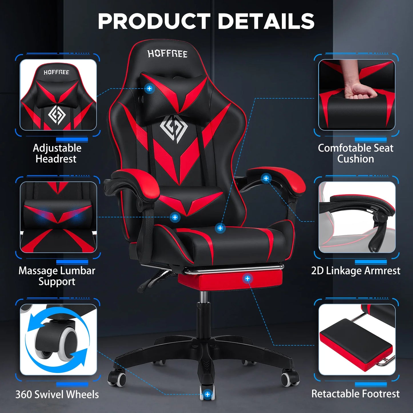 200Lbs Gaming Chair with Massage Lumbar Support, Ergonomic PC Gaming Chair with Footrest, Reclining Adjustable Armrest Computer Chair
