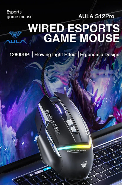 AULA S12Pro Wired Mechanical Mouse 1000HZ 12800DPI RGB Low Latency Macro Defines Esports Gaming Mouse PC Gamer Accessories