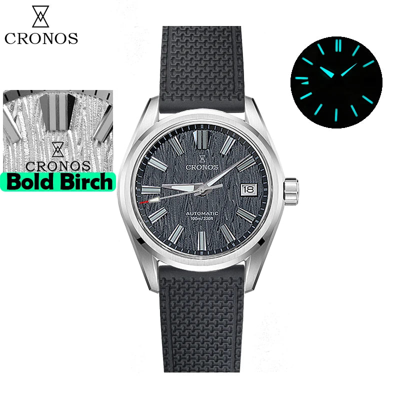 Cronos Men Watch 39mm Automatic Miyota 9015 Movement Wristwatches White Dial Birch Pattern Solid Links Sapphire 10 ATM L6040M