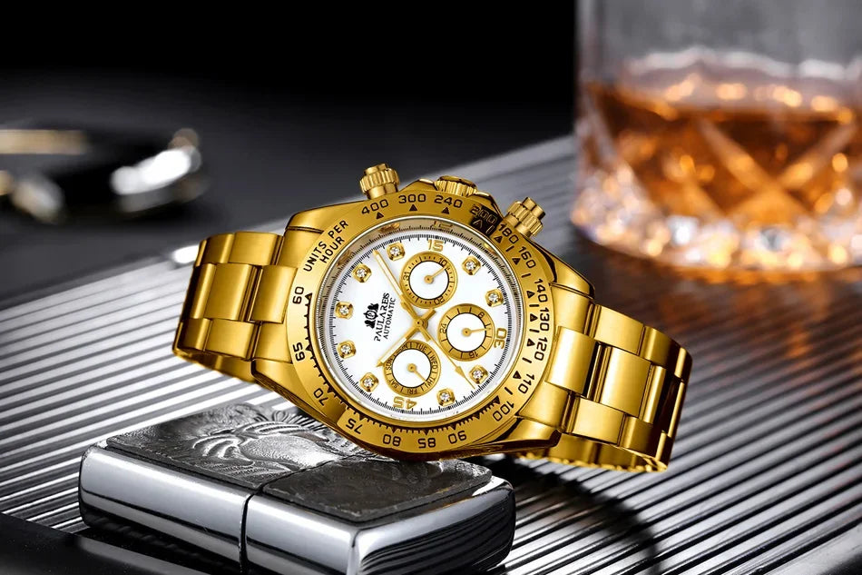 Automatic Mens Watch Mechanical Self Wind Movement Gold Black Stainless Steel Diamonds Stone Sports Luxury Fashion Watches