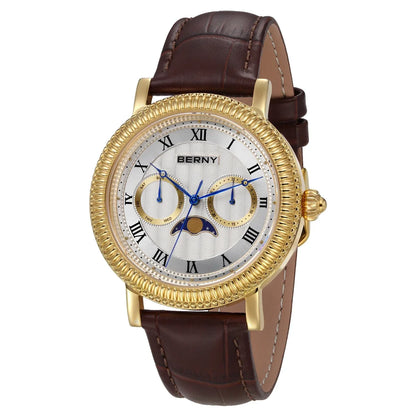 BERNY Watches for Men Luxury Dress Brand Business Gold Quartz Real Moons Man Watch S/S Sapphire Calendar Moon Phase Wristwatch